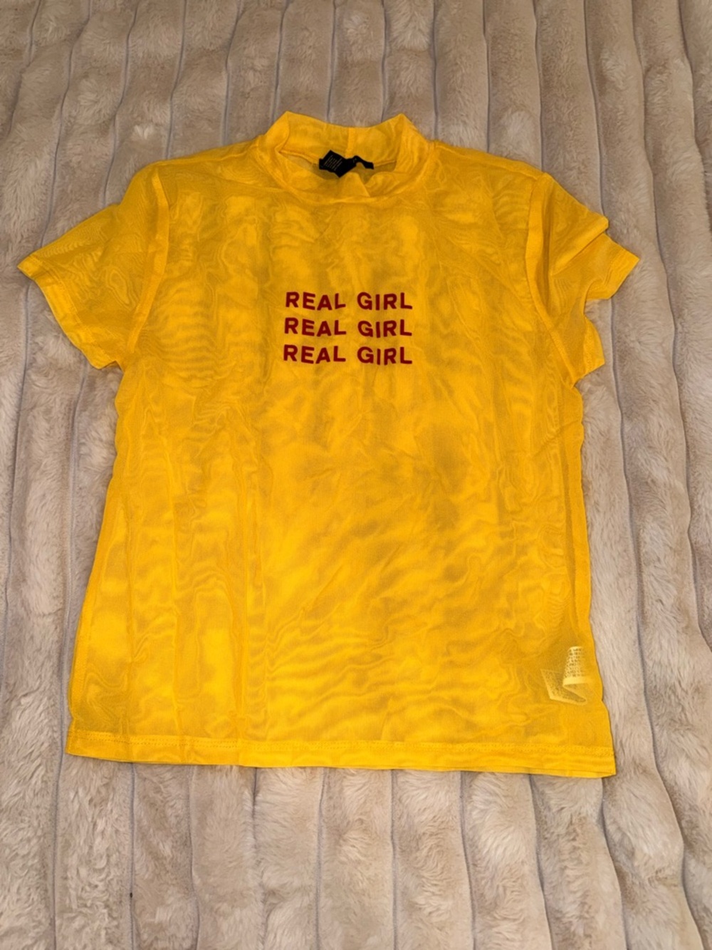Forever 21 Yellow Sheer Mesh Tee with Black Tag Detail